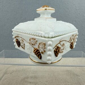 VTG Westmoreland Milk Glass Beaded Grape Square Candy Dish Gold Trim